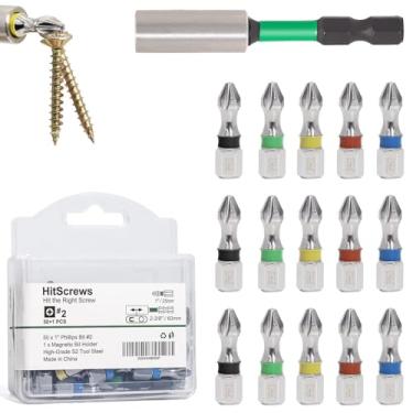 Imagem de Hitscrews Conjunto de brocas de chave de fenda magnética PH2#2 – 50 peças de aço S2 de 2,5 cm Phillips Bits + suporte magnético de brocas | Brocas de impacto para madeira, armários, reparos – Pacote