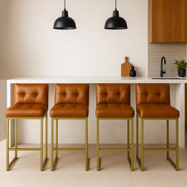 Imagem de Banqueta Cozinha Alta com Encosto Industrial Kit 4 Dourado Lirina PU Whisky C05 - D'Rossi