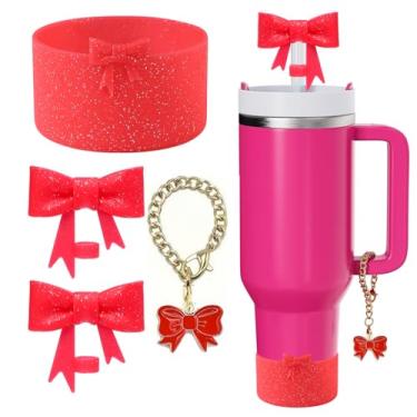 Imagem de CDYLDXG Conjunto de acessórios de copo para Stanley, incluindo 1 capa de silicone para botas, 2 capas de palha com laço de glitter fofas de 10 mm e 1 pingente de alça para Stanley (vermelho brilhante)