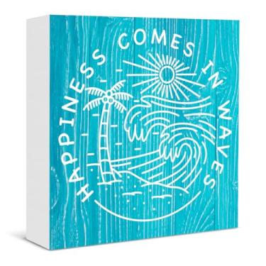 Imagem de Sinal de praia decoração Happiness Comes in Waves azul rústico madeira bloco placa para casa de banho quarto sala de estar prateleira decoração de parede
