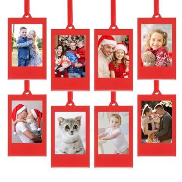 Imagem de UNIQOOO 8 porta-retratos de acrílico vermelho Instax de Natal 8,6 x 5,4 cm, enfeites polaroid, molduras em branco dupla face para filme Polaroid, enfeites de foto pendurados para árvore de Natal