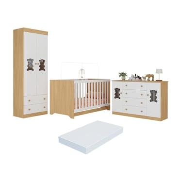 Imagem de Quarto de Bebê Completo com Berço Americano 3 em 1 Colchão Teddy Multimóveis Mp4672 Madeirado/branco