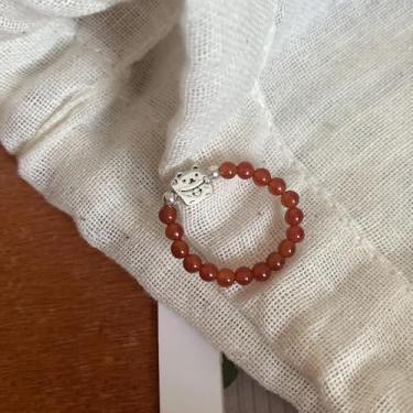 Imagem de Anel ajustável de contas de gato fofo com ágata vermelha e liga banhada a prata, joia feminina com pingente de animal da moda, Liga de aço, Sem pedra preciosa