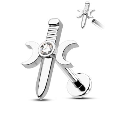 Imagem de CM Crareesi Mania Brincos de hélice de fase da lua, brincos de cartilagem com traço interno, joia de piercing de concha trágus 16G, brincos de costas planas de 8 mm para mulheres, Metal, Zircônia