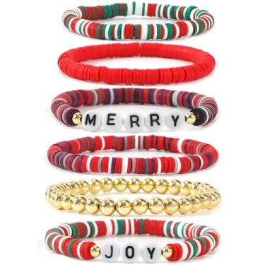 Imagem de EQUBIO Pacote com 6 pulseiras Heishi de argila de polímero de Natal para mulheres, conjunto de elástico com contas vermelhas/verdes/brancas com contas de letras MERRY & JOY e detalhes de contas