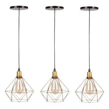 Imagem de 3 Pendentes Diamante Lustre Luminária Aramado Luxo Pirâmide Estrutura Geométrica (Dourado (Fio Preto))