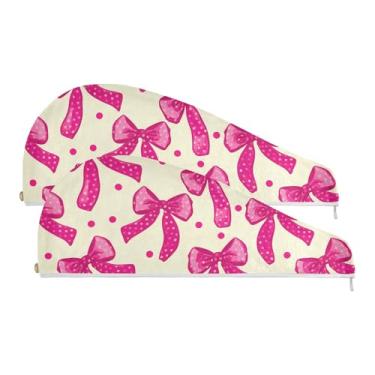 Imagem de SEHANY Linda toalha de cabelo de microfibra com laço rosa para mulheres, 2 peças, turbantes de cabelo de secagem rápida com botão, touca de cabelo seco absorvente toalha de secagem de cabelo para