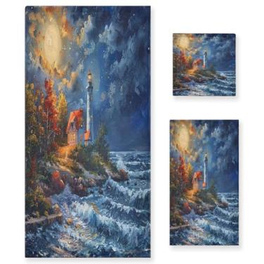 Imagem de Blueangle Conjunto de toalhas de pintura a óleo Lighthouse - 3 peças de toalhas de banheiro macias absorventes para spa e decoração de casa (inclui banho, toalha de mão e toalha) #92
