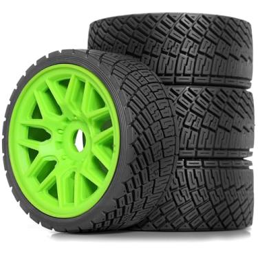 Imagem de STMU 1/8 1/7 RC Rally Car Tires On Road Tyres OD 3.93'' 17mm Hex Nylon Wheels Rims Compatible with 1/7 1/8 Scale Racing Car KM WRC C3 ARRMA Felony Infraction Limitless RC On-Road Ca (Green)