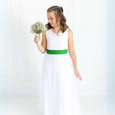 Imagem de Vestido Dama de Honra Infantil Longo Branco Faixa Verde Bandeira Damin