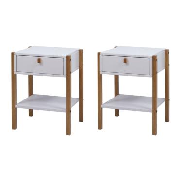 Imagem de Kit 2 Mesas de Cabeceira 2 Gavetas Madeira Maciça Flórida Branco/Castanho