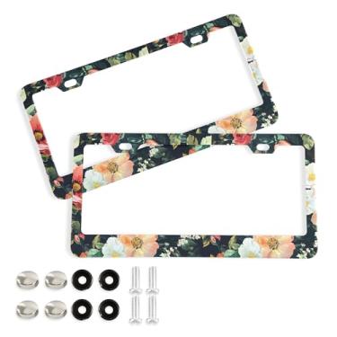 Imagem de SEHANY Molduras de placa de licença de flores florais coloridas, capas de moldura de placa de carro de alumínio à prova de ferrugem com orifícios elípticos e parafusos serve para veículos padrão dos