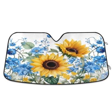 Imagem de ATTX Sunflowers Bluebells Para-brisa de carro 144.8 cm x 80.0 cm Protetor solar universal com proteção UV, persiana de janela frontal automática dobrável para Sedans SUVs caminhões #44