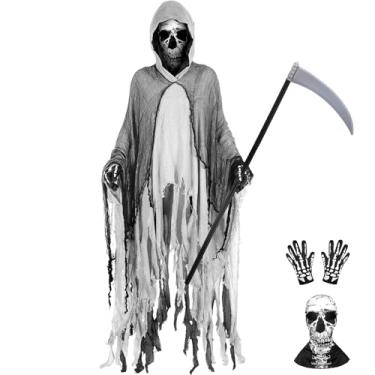 Imagem de Conjunto de 4 peças de fantasia de ceifador de Halloween para adultos, inclui manto com capuz, luvas de máscara de caveira, luvas e foice para adereços de cosplay