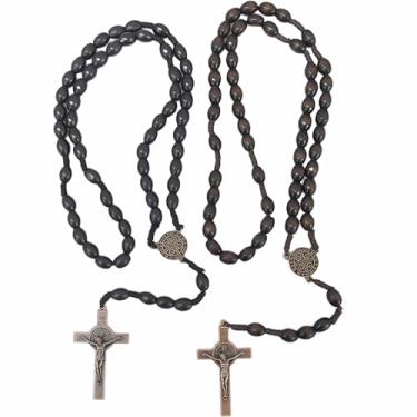 Imagem de LJHYSD Pacote com 2 contas de rosário de madeira, contas de oração feitas à mão para mulheres e homens com medalha de solo sagrado de Jerusalém e cruz de metal, presente de joia de rosário católico