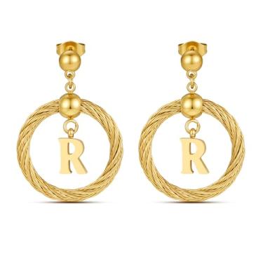 Imagem de Xiacheng Brincos de argola de ouro 18 quilates com inicial de aço inoxidável, hipoalergênicos, presentes modernos para mulheres, declaração delicada, pingente de letra A-Z, joia à prova d'água, Medium