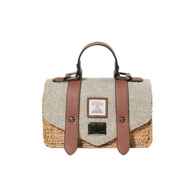 Imagem de Islander Mini bolsa – Natural Straw & Harris Tweed – Bolsa feminina com alça superior, alça e bolso com zíper, Espinha de peixe azul e creme