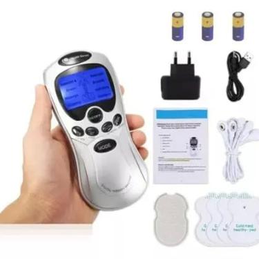 Imagem de Massageador Elétrico Digital Terapêutico com Pulso, Portátil, LCD, Bivolt 110V/220V, 4 Eletrodos, Cabo USB, Preto, 560g