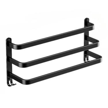 Imagem de Toalheiro de Banheiro Duplo Sem Furo – Suporte Preto ou Cinza Escuro, Organizador de Banho Resistente(3T-Preto)