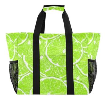 Imagem de Wassud Sacolas de compras reutilizáveis com fatias de limão verde grande bolsa organizadora de lona impermeável para praia, piquenique, lavanderia, viagem