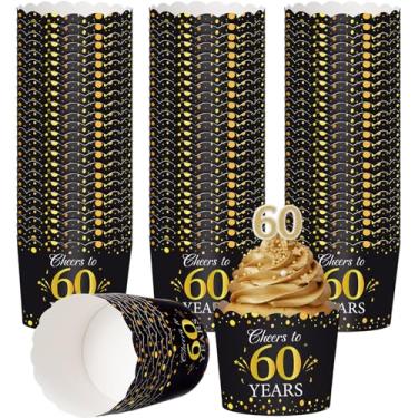 Imagem de Potchen 100 peças de copos de papel para assar feliz aniversário de 60 anos, forros de cupcake recortados, dourado Cheers para 60 anos, decorações de bolos para artigos de festa de 60 anos