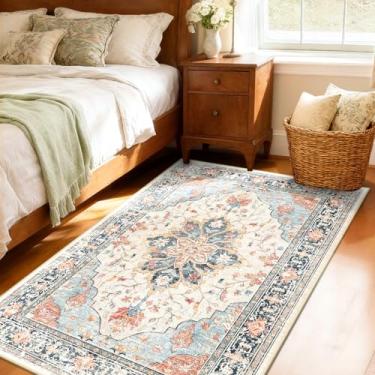 Imagem de RELEANY Tapetes de área adequados a vácuo, 1,2 m x 1,8 m, lavável na máquina, antiderrapante, estampa floral, vintage, estampa de angústia, tapete medalhão para sala de estar, quarto, tijolo, azul