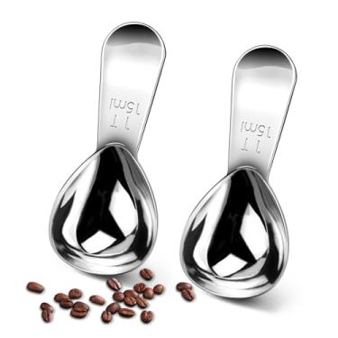 Imagem de Conjunto de colheres de café de aço inoxidável de 2 peças – 1 colher de sopa e 2 colheres de sopa de colheres de medição para café moído, proteína, açúcar – alça curta para recipientes de