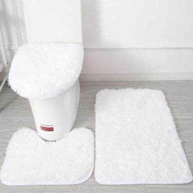 Imagem de Jogo de Banheiro 3 Peças Peludo Antiderrapante - Kit Tapete Banheiro 3 Peças - Tapete para Vaso e Pia - Edmix (Branco)