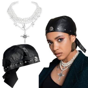 Imagem de Mepase Bandana de couro para motociclista, touca cravejada de caveira, colar de pérolas em camadas, vestido punk, vestido punk, temporada de música diária feminina