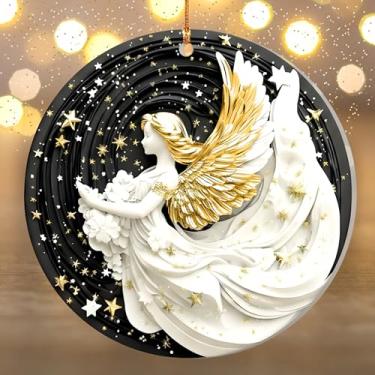 Imagem de Enfeite de Natal de anjo 2025 – elegante decoração de feriado preto e dourado – Enfeites de Natal datados de 2025 – Enfeite de anjo celestial presente para mulheres, família e amigos – Decorações