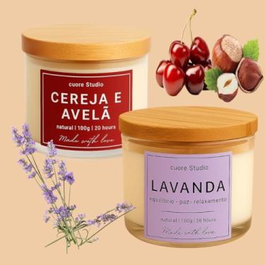 Imagem de Cuore Studio Vela Aromática Perfumada Natural, Kit com 2, Chá Branco, Vanilla, Baunilha, Alecrim, Lavanda, Capim Limão, Bamboo, Cereja e Avelã, Jasmim, 100g cada (Lavanda e Cereja com Avelã)