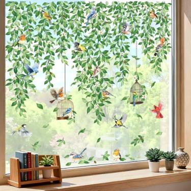 Imagem de decalmile Adesivos de janela dupla face com flores de videira penduradas na primavera, folhas verdes, pássaros, anticolisão, portas de vidro, adesivos de janela