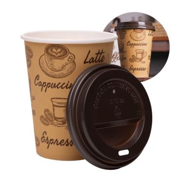 Imagem de Kit 150 Copos De Café Descartável Papel 300ml Biodegradável Marrom Com Tampa Lyor