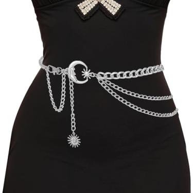 Imagem de Sibba Cinto de corrente de metal multicamadas prata para mulheres, moda de 3 camadas, com cintura de lua e sol, para vestidos de vaqueira, calça jeans, concerto, acessórios de Natal