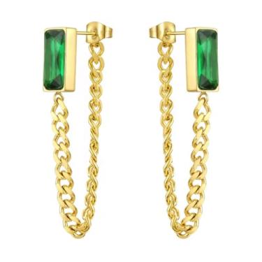 Imagem de Brincos pendentes de corrente de ouro 18K com pedra cúbica retangular verde, ouro amarelo de 18 quilates sobre aço inoxidável com pedra de zircão cúbico, brincos pendentes para mulheres, resistentes a