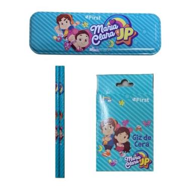 Imagem de Kit Escolar Completo com Estojo, Lápis, Giz de Cera, Caderno, Borracha e Apontador, Azul, 7 Itens, 195g, Uso Escolar e Educativo