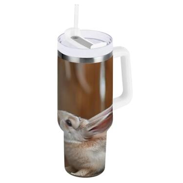 Imagem de ODAWA Copo grande isolado de coelho de cabra com alça e tampa de palha, copos de aço inoxidável