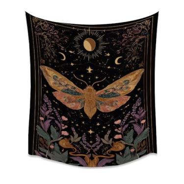 Imagem de Tapeçaria de parede botânica de mariposa celestial lua estrelas serpente pendurada ouro preto oculto bruxa boho decoração para quarto dormitório meditação espaço altar presente para casa branco 127 x