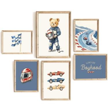 Imagem de Arte de parede de carro de corrida para quarto de meninos decoração de parede vintage impressões de berçário urso de pelúcia pôster de carro de corrida imagens de bebê menino criança pequena pintura