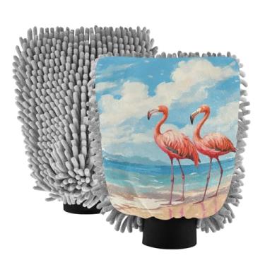 Imagem de ODAWA Luvas de lavagem de microfibra Flamingos Beach para lavagem de carro, pacote com 2, luvas de lavagem de carro para canhão de espuma 20,5 cm x 30 cm
