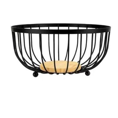 Imagem de ￼Fruteira De Mesa Aramada Ferro e Bambu Cesto de Frutas Pães Café Da Manhã Cesta Organizadora Cozinha