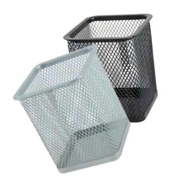 Imagem de Porta Caneta e Lápis Quadrado para Escritório de Ferro Organizador Preto e Cinza Aramado Resistente