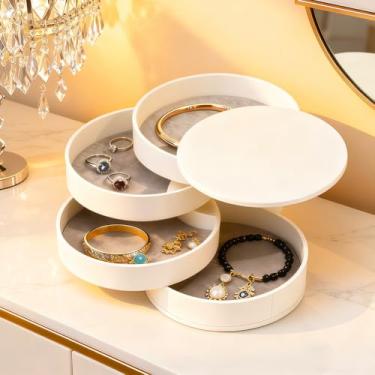 Imagem de Organizador de joias, pequena caixa de armazenamento de joias com tampa, bandeja de enfeite de cabeça giratória de 4 camadas, organizador de viagem redondo para anéis de presente, pulseiras, pulseiras
