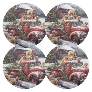 Imagem de Jogo americano redondo redondo de PVC para caminhões e filhotes de Natal 38 cm, jogo americano lavável para mesa de jantar