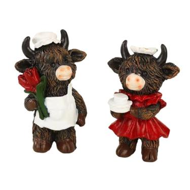 Imagem de Generic Conjunto de 2 estatuetas de casal de vacas Terras Altas em resina para bandeja de vários andares, ornamento de mesa original, escultura de animal