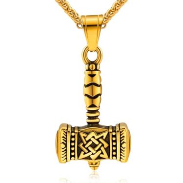 Imagem de Oaldilee Colar masculino nórdico viking Mjolnir Thor martelo para homens, pingente de amuleto nórdico Valknut banhado a ouro 18 quilates de aço inoxidável com corrente de trigo, caixa de presente, Aço