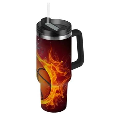 Imagem de Joisal Copos de fogo de água divididos de basquete com tampa e canudos Copo grande com alça garrafa de água isolada de 850 g de aço inoxidável carros caneca de café bebida quente