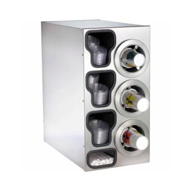 Imagem de Dispense-Rite CTC-C-3RSS, armário dispensador de copos de bancada, (3) tampa embutida ADJ-2F e organizador de palha, 227 g a 1,247 g, copos e tampas, aço inoxidável, 63 cm A x 33 cm L x 58 cm P