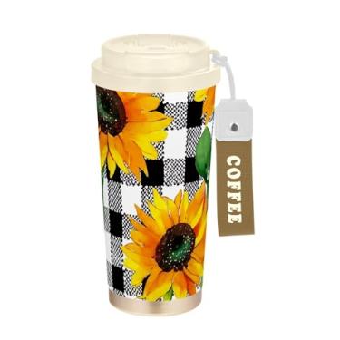 Imagem de TSENQUE Caneca de café de viagem de 473 ml, copo de caneca de café com revestimento cerâmico com tampa e canudo, copo isolado a vácuo de aço inoxidável, girassóis preto e branco quadriculado