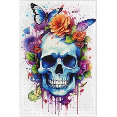 Imagem de Quebra-cabeça com estampa de crânio de flores, 1000 peças para adultos, presentes de elefantes brancos, quebra-cabeças exclusivos para adultos, jogos, arte, brinquedo
